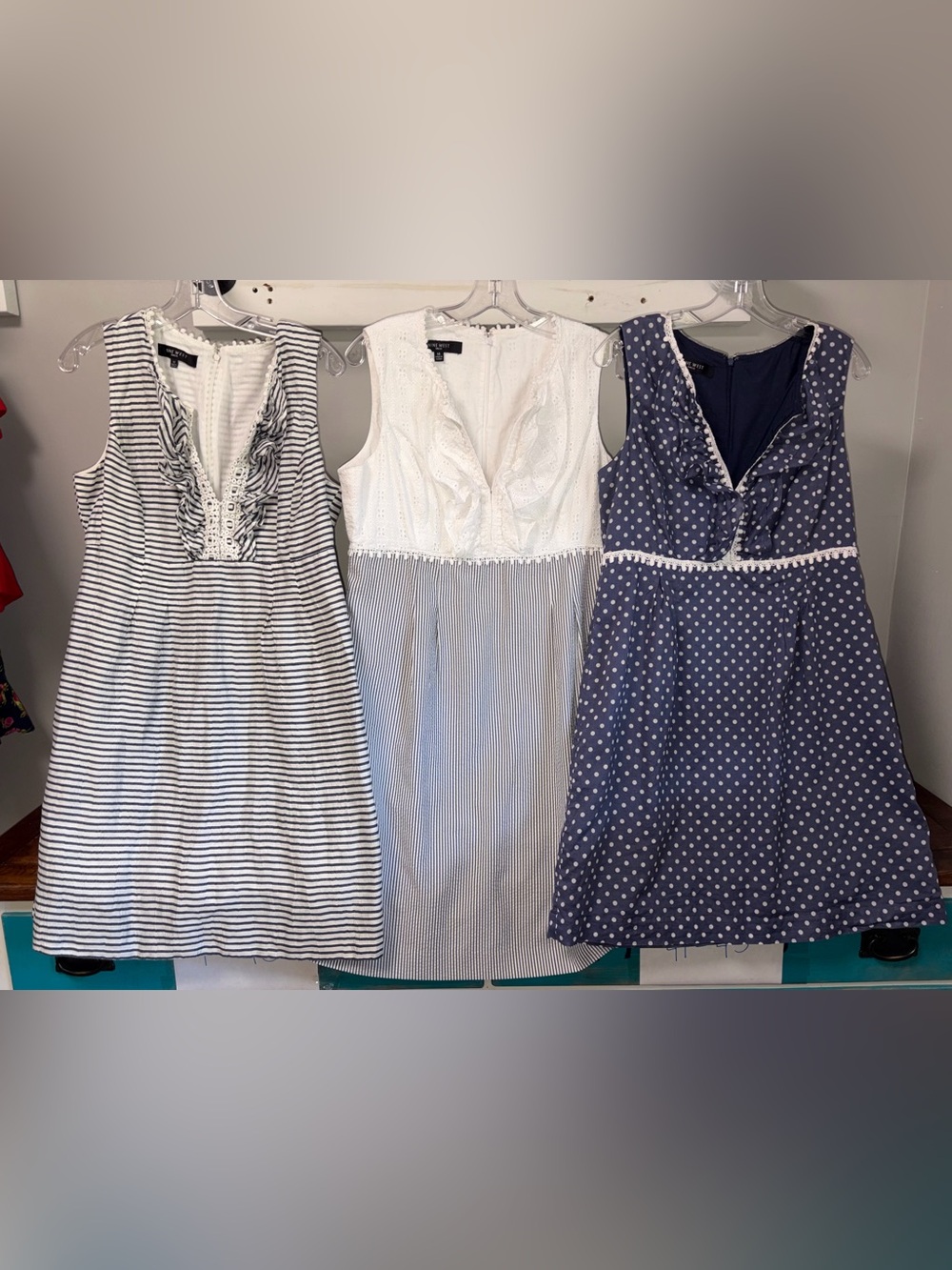 Nine West Sleeveless V Neck Dress Bundle Blue White Gray Size 14 Stripes Dots